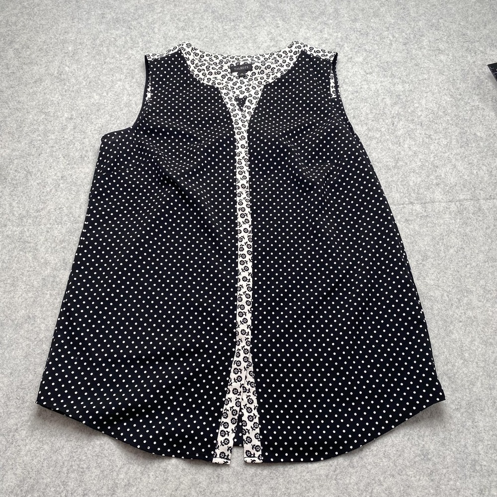 Talbots Blouse Womens Small Black Polka Dot Trim Scoop Neck Sleeveless Top